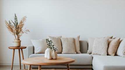 A living room with a couch, coffee table, and potted plant