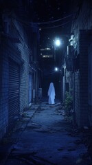Fototapeta premium Creepy abandoned alley with broken lights, detailed bricks, eerie atmosphere, anime ghost figure