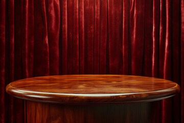 A wooden podium with a polished surface, standing in front of rich red velvet curtains. The scene is set for a political speech or debate, with the spotlight focused on the podium, conveying a sense