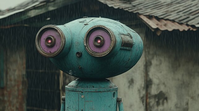 Cinematic, hyper-realistic daylight. Rain. Close-up. High definition. Giant more than houses Terminator robot made of blue metal with red eyes stands with two purple laser miniguns. 