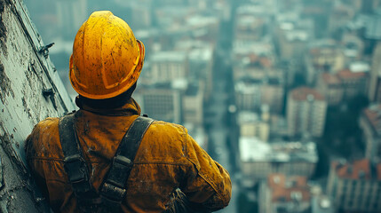 A construction worker in a yellow hard hat gazes over a city skyline, symbolizing urban development, labor, and progress