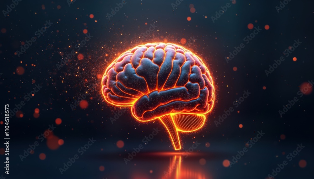 Poster futuristic illustration of human brain glowing with vibrant orange light. neural connections, data p