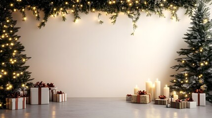 An empty digital backdrop for photography with a white wall, Christmas garland on the sides and at the top of the frame, lights, candles, and presents on the floor