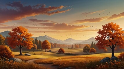 Obraz premium Autumnal landscape at sunset, featuring a serene meadow with vibrant trees, mountains, and a tranquil stream.