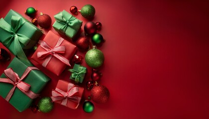 Festive red and green gifts with ribbons, surrounded by Christmas ornaments on a red backdrop.