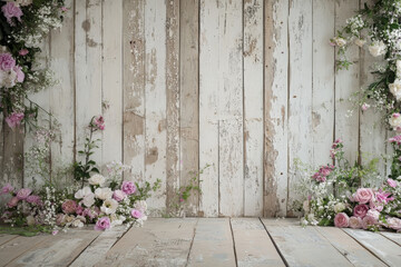 Fototapeta premium A reclaimed wood backdrop with a shabby-chic vibe, offering a perfect backdrop for wedding or romantic-themed photoshoots.
