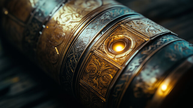 A close-up of a cryptex cylinder, intricately designed with golden engravings and a hidden keyhole glowing faintly
