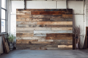 A large wooden backdrop made of reclaimed wood, with an industrial, raw aesthetic perfect for creative and artistic photography.