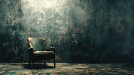 A vintage armchair sits alone in a dimly lit, grunge room with a textured wall.