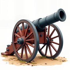 Antique cannon stands on sandy ground. Wooden wheels, dark gray barrel. Old historical weapon. Isolated on white background. Military art illustration. Suitable for history theme. Suitable for