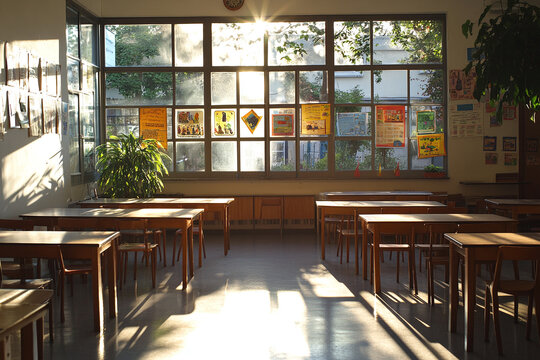 A traditional classroom setup, afternoon sun casting long shadows.