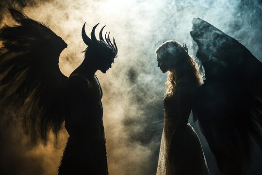 Angelic and demonic figures facing off, atmospheric backlight.