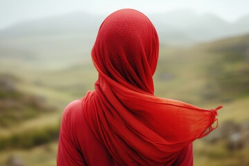 View of a Woman in Red Scarf Facing Hills