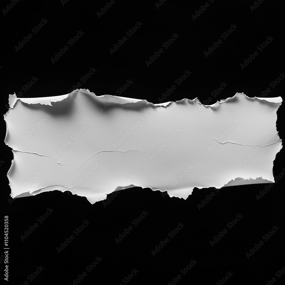 Poster Ripped white paper strip on black background. Abstract design with torn edges. Blank space for message text. Image suitable for branding, ad, product design concepts. Creative element for posters,