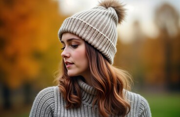 Young woman outside autumn park. Thoughtful adult in a warm knitted hat. Autumn colors and nature scene. Outdoor portrait style. Fashionable outfit. Woman reflects in park.