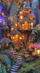 Fototapeta premium Fairy village hidden in an enchanted forest, mushrooms, and treehouses, glowing lights, highly detailed magical scenery