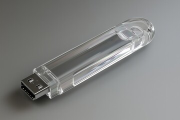 Transparent USB flash drive on a gray surface with minimalistic design