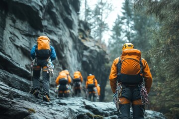 Group of hikers in orange backpacks trekking through a rocky forest trail