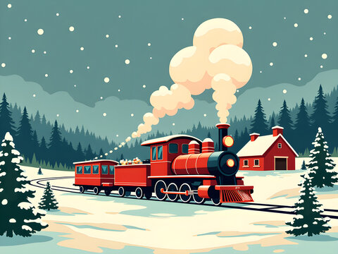 A whimsical depiction of an old-fashioned holiday train billowing festive colored smoke across a snowy rural landscape in vintage illustration style. in illustration style