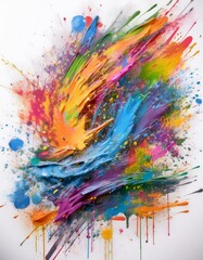 Abstract art in vibrant colors with dynamic brush strokes and drops isolated on white background