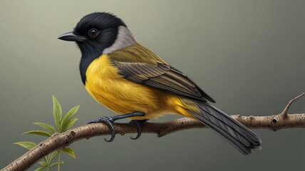 Fototapeta premium Yellow and black bird perched on branch. (1)