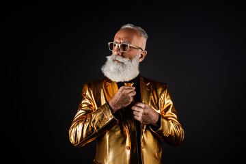 Photo of extravagant cool old man prepare for event occasion wear golden stylish trend tie outfit