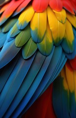 Fototapeta premium Closeup view of colorful macaw feathers. Vibrant overlapping patterns of red yellow blue, green feathers create striking design. Macaw plumage shows amazing detail, texture. Avian beauty in nature.