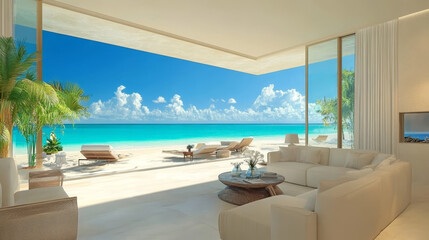Fototapeta premium Coastal Elegance: Luxury Living Room with Panoramic Sea Views