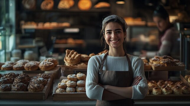 Smiling female baker at bakery front and artisanal bread displayed on wooden shelves