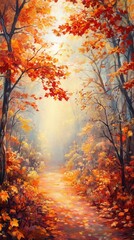 Golden autumn forest, leaves scattered on a path, sunbeams shining through branches, richly detailed foliage