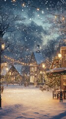 Snow falling on cozy christmas village street at night