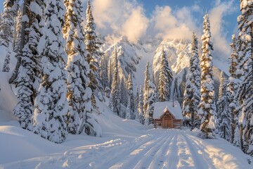 A tranquil scene of a snowy conifer forest on the winter solstice, with footprints leading to a cozy cabin