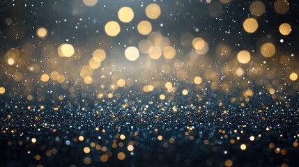 Fototapeta premium Abstract dark background with gold and blue glitter and bokeh lights.