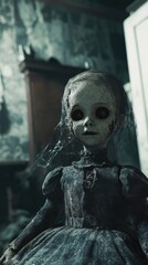 Haunted doll with cracked face in a dimly lit room, cobwebs in the background, eerie light, hyper-detailed textures