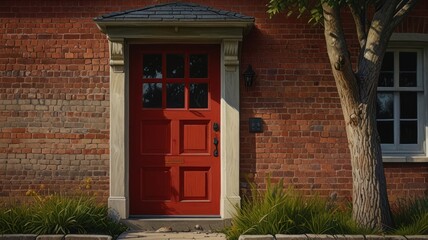 Obraz premium Red front door on brick house.