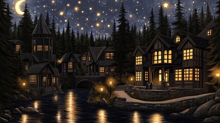 Ancient castle stands majestically in the moonlight, as two figures gaze into the distance beside a lit well in a dark forest