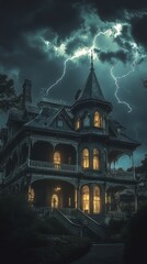 Obraz premium Haunted mansion at night, lightning illuminating the sky, dark clouds, detailed Victorian architecture and eerie shadows