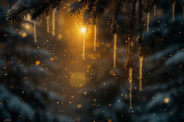 A close up of icicles hanging from evergreen branches, glistening in the sunlight during the winter solstice