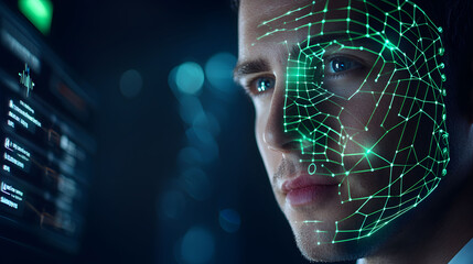 Examining biometric technology on a male subject with digital facial recognition overlay in a futuristic setting
