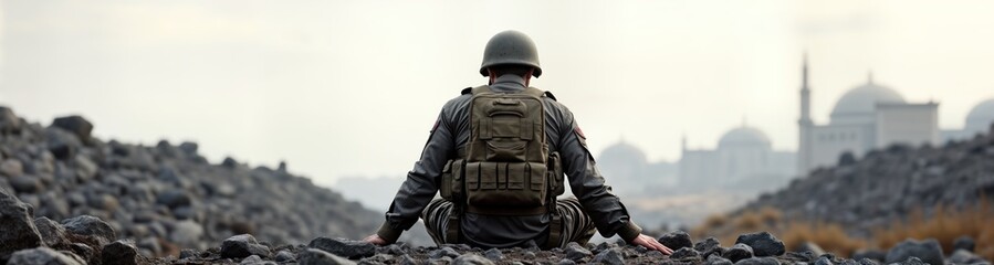 Fototapeta premium Soldier sits on rocks. Tired, alone. Military member sits on ground. Desolate rocky landscape. Focus on loneliness, war impact. Backdrop shows distant mosque. Image conveys exhaustion, consequence of