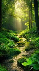 Lush green forest with a winding river, vibrant plants, glowing mushrooms, sunlight filtering through trees, highly detailed, vertical wallpaper