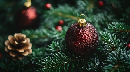 Fototapeta premium A red and gold ornament hangs from a tree branch