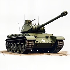 Military tank T34 stands on sandy ground. Powerful tank ready for action. Powerful machine of war. Military vehicle. Historical army equipment. Powerful weaponry. Weapon system. Army equipment. War