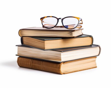 A stack of vintage books with stylish eyeglasses resting on top, creating a cozy and intellectual atmosphere.