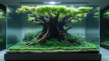 Lush aquatic plants cover a large, intricate piece of driftwood in a modern aquarium.