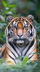 Fototapeta premium Majestic tiger with piercing eyes in a dense jungle, rays of sunlight, detailed fur and foliage, realistic colors