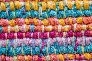 Handwoven fabric texture, tightly knit with vibrant threads forming a symmetrical pattern, soft and colorful