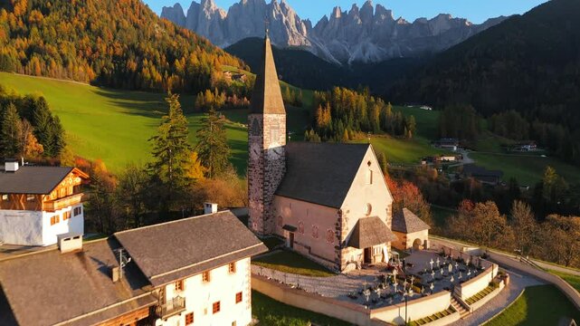 Val di Funes and village Santa Maddalena. Dolomites, Italy