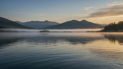 Misty morning over calm lake surrounded by mountains at sunrise reflecting peaceful landscape