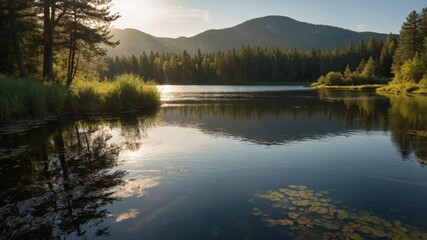 Obraz premium Serene lakeside view at sunset with surrounding mountains and reflections in water